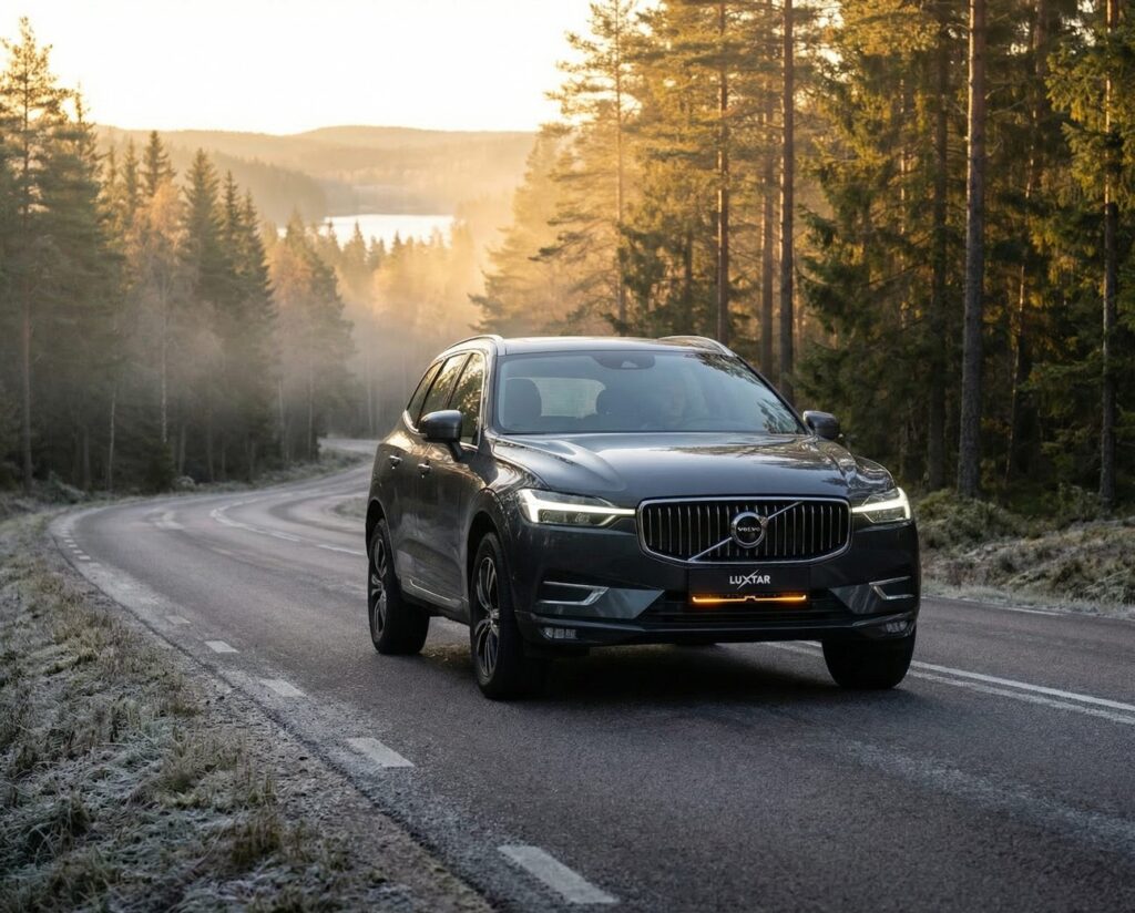 Dark Volvo XC60 with Luxtar Twilight on a forest road